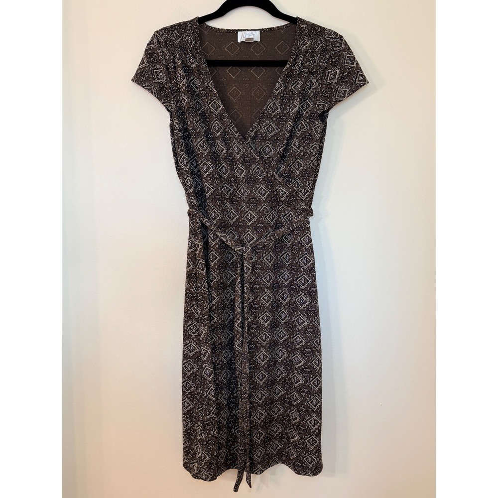 Ann Taylor LOFT Brown Geometric Diamond Print V-Neck Belted Wrap Dress Size 8
